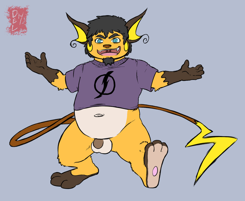 2014 anthro balls barefoot blue_background bottomless clothed clothing digital_media_(artwork) facial_hair flaccid front_view half-dressed hindpaw male maverick_ryders_levin navel nintendo nokemy overweight paws penis pok&eacute;mon raichu shirt signature simple_background smile solo soul_patch standing video_games walking watermark