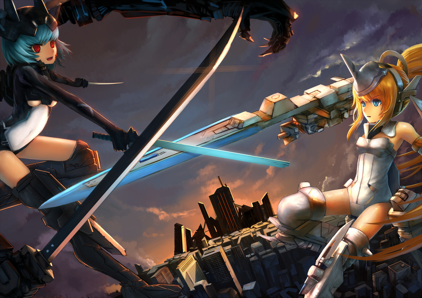 arnval_mk2 battle blonde_hair blue_eyes blue_hair breasts busou_shinki city cityscape claws cleavage cloud dual_wielding duel flying headgear holding huge_weapon leotard long_hair mecha_musume multiple_girls navel open_mouth red_eyes ren_ou_shi small_breasts strarf_mk2 sunset sword teeth underboob weapon white_leotard