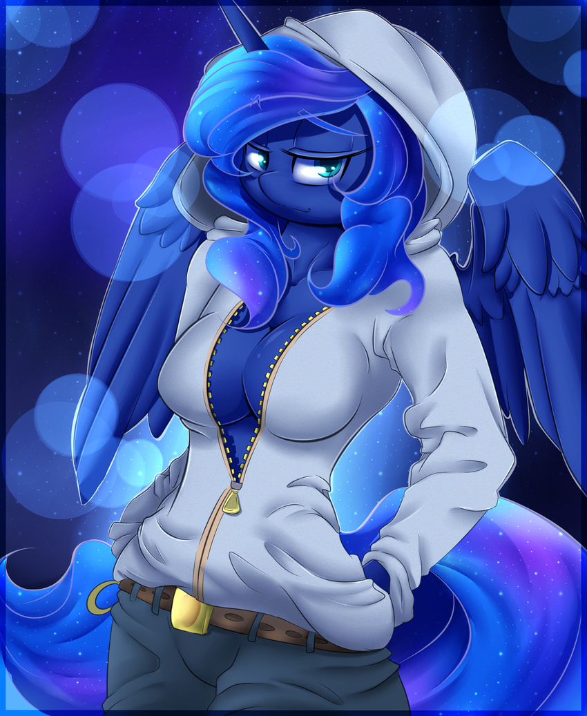 2015 absurd_res anthro anthrofied belt blue_hair breasts cleavage clothed clothing equine feathered_wings feathers female friendship_is_magic hair half-closed_eyes hi_res hoodie horn looking_at_viewer madacon mammal my_little_pony open_shirt princess_luna_(mlp) shirt solo winged_unicorn wings