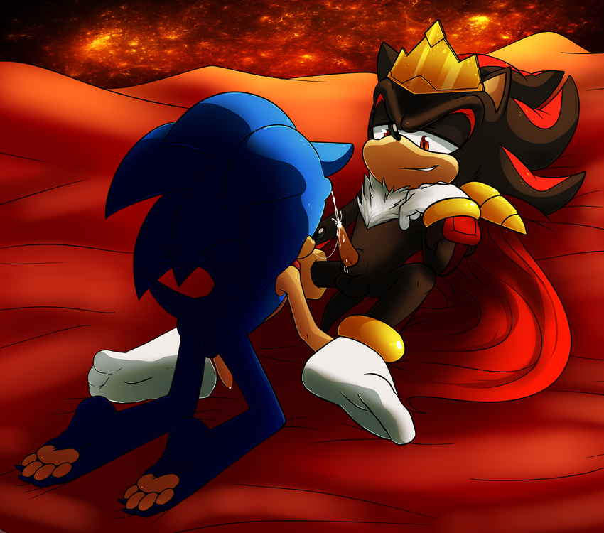 black_fur blue_fur cape clothing crown cum duo feet fellatio fur half-closed_eyes king legwear male male/male oral penis royalty sex shadow_the_hedgehog socks sonic_(series) sonic_the_hedgehog unknown_artist