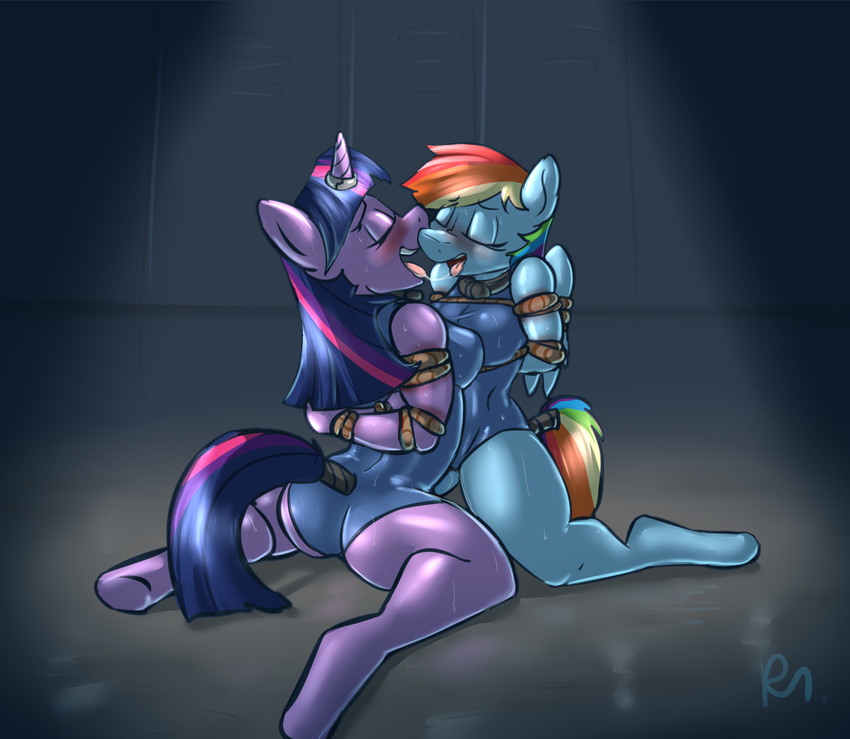 2015 anthro anthrofied bdsm bluecoffeedog blush bondage bound clothing duo equine eyes_closed female female/female friendship_is_magic hair hands_behind_back hi_res horn horn_ring kneeling long_hair mammal multicolored_hair my_little_pony one-piece_swimsuit open_mouth pegasus rainbow_dash_(mlp) rainbow_hair restrained rope saliva saliva_string sweat swimsuit tail_wrap tongue twilight_sparkle_(mlp) unicorn wings