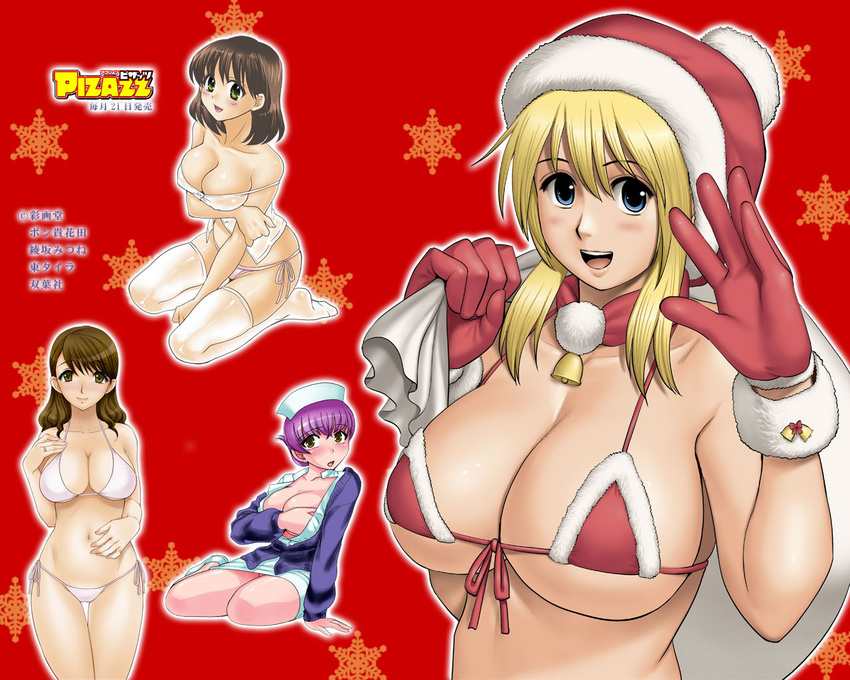 action_pizazz bikini bikini_top blonde_hair blue_eyes breasts christmas cleavage front-tie_top gloves hat large_breasts micro_bikini multiple_girls nurse pon_takahanada sack saigadou santa_costume santa_hat side-tie_bikini swimsuit thighhighs wallpaper