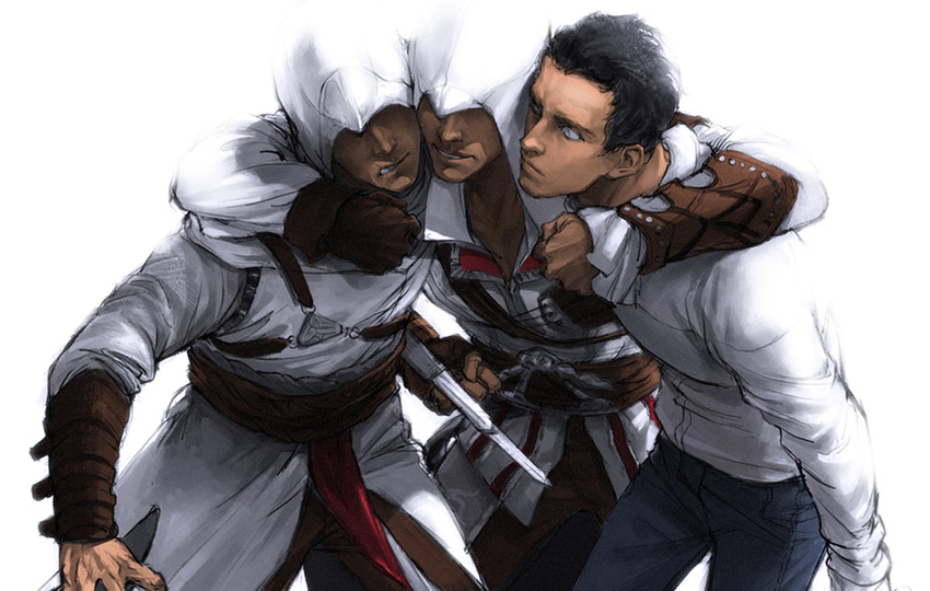 altair_ibn_la-ahad assassin's_creed assassin's_creed_(series) assassin's_creed_ii black_hair blade desmond_miles error ezio_auditore_da_firenze gloves hood hug multiple_boys time_paradox