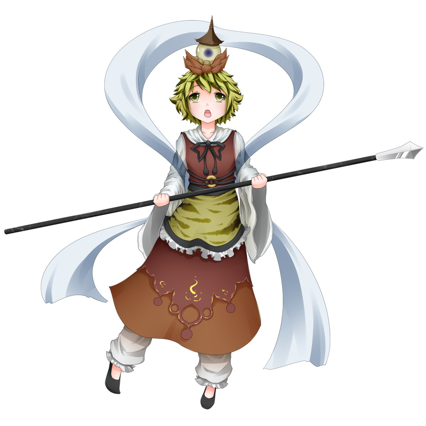 bishamonten's_pagoda bishamonten's_spear blonde_hair full_body hair_ornament highres hullzion looking_up polearm shawl short_hair solo spear toramaru_shou touhou transparent_background weapon yellow_eyes