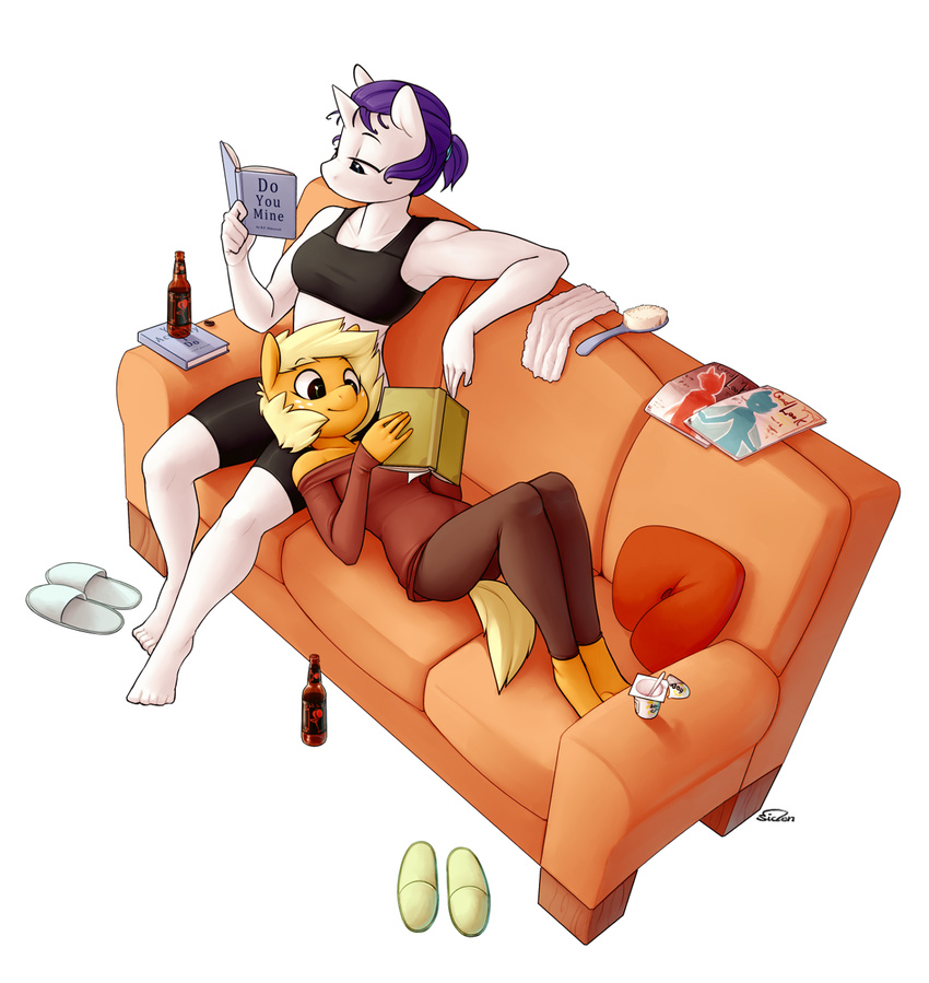 5_toes alternate_universe applejack_(mlp) book clothing duo earth_pony equine female food friendship_is_magic horn horse ivory magazine mammal my_little_pony pillow pony rarity_(mlp) siden slippers sofa sparkling_cider toes underwear unicorn yogurt