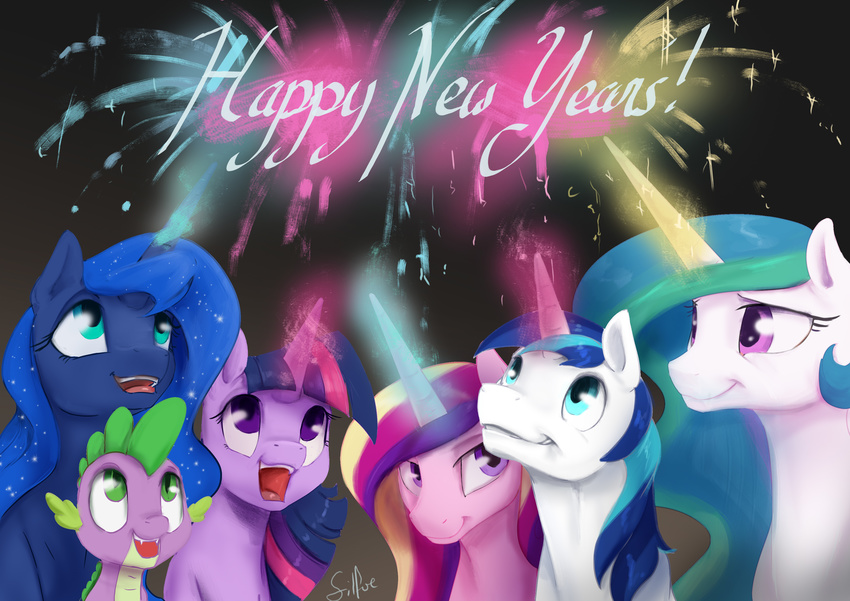 2016 cute dragon equine feal female fireworks friendship_is_magic happy horn male mammal my_little_pony princess_cadance_(mlp) princess_celestia_(mlp) princess_luna_(mlp) shining_armor_(mlp) silfoe spike_(mlp) twilight_sparkle_(mlp) unicorn winged_unicorn wings