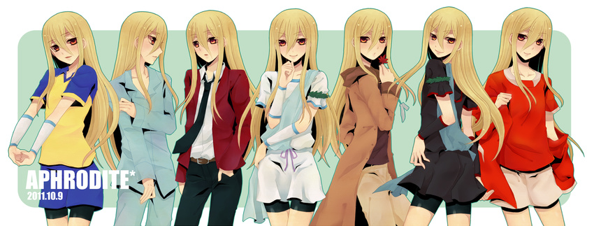 afuro_terumi bike_shorts blonde_hair character_name collage dated highres hinaame inazuma_eleven inazuma_eleven_(series) long_hair male_focus multiple_views necktie pajamas red_eyes soccer_uniform sportswear