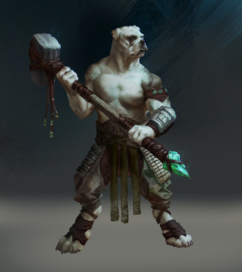 absurd_res american_bulldog anthro armor canine clothed clothing digitigrade fighting_stance fur half-dressed hammer hi_res holding_weapon male mammal melee_weapon overgrowth simple_background solo steve_hong tools topless weapon white_fur