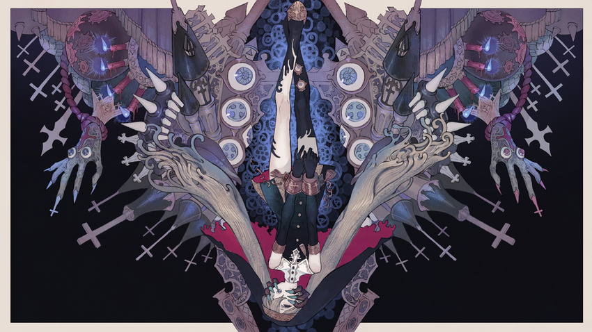 asymmetrical_footwear bad_id bad_pixiv_id ball blank_eyes blue_fire boots broken broken_chain candelabra candle chain church cross cuffs disembodied_limb dress elbow_gloves eyeball fangs fire gears gloves habit hatsune_miku horror_(theme) long_hair looking_at_viewer mode-pesu open_mouth pleated_dress rope solo spiked_mace spikes steeple tassel teeth thigh_boots thighhighs tongue torn_clothes upside-down very_long_hair vocaloid