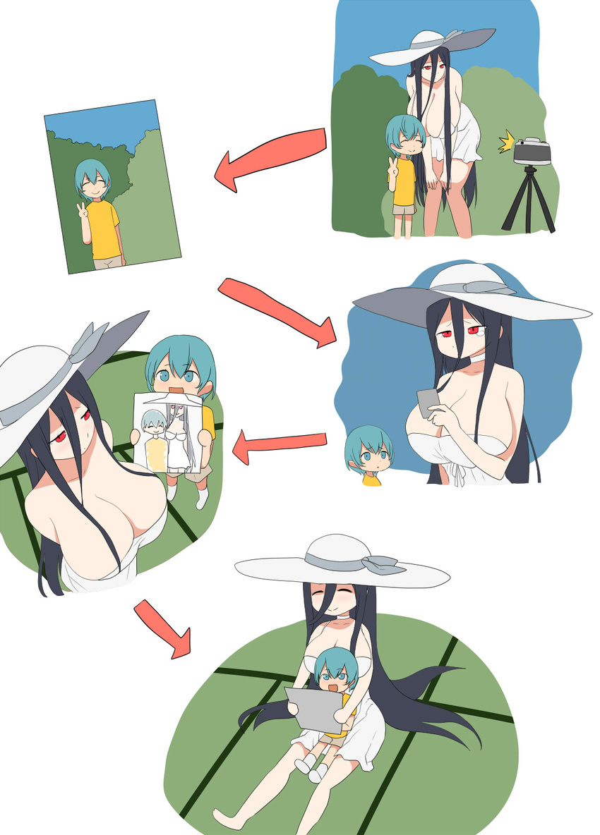 1girl 2ch bent_over black_hair blue_eyes blue_hair breasts camera child child_drawing cleavage closed_eyes directional_arrow drawing dress ghost hasshaku-sama hat highres holding huge_breasts kloah long_hair open_mouth original photo_(object) red_eyes short_hair sitting sitting_on_lap sitting_on_person size_difference smile strapless strapless_dress sun_hat tatami tears tripod v very_long_hair white_dress white_hat