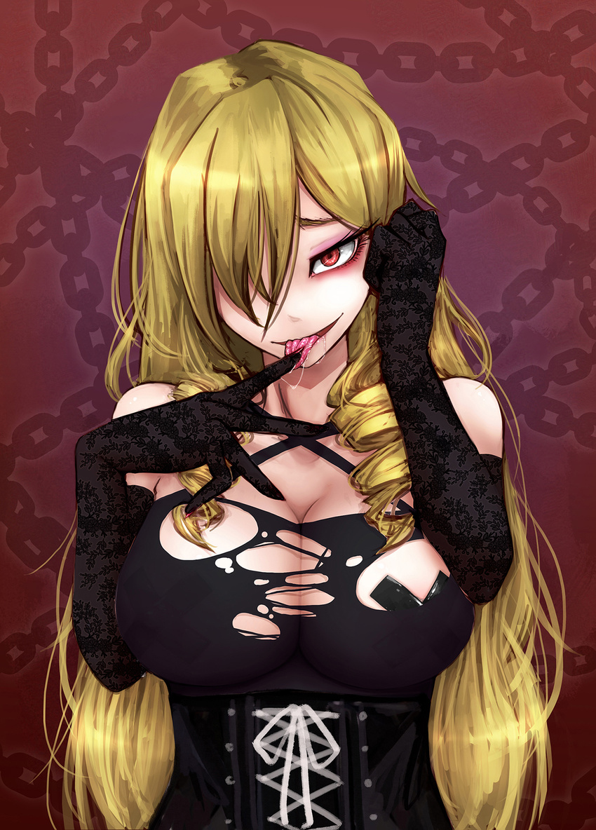 aurelia_(dorei_to_no_seikatsu) blonde_hair breasts cleavage dorei_to_no_seikatsu_~teaching_feeling~ drill_hair hair_over_one_eye highres huge_breasts long_hair looking_at_viewer pasties ray-k red_eyes saliva see-through smile solo tape_on_nipples tongue tongue_out torn_clothes