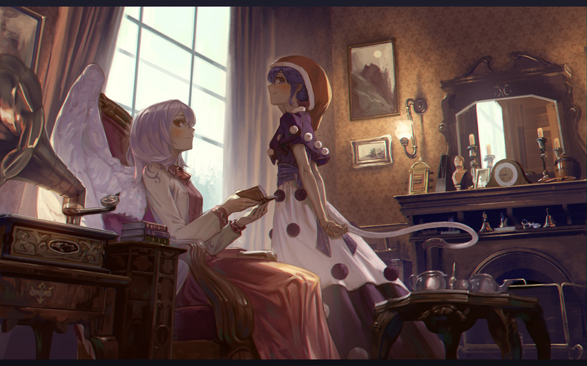 albino analog_clock armchair arms_behind_back bangs bell blue_eyes blue_hair blush book book_stack bottle bow bowtie candle candlestand chair clock cookie_jar curtains doremy_sweet drawer dress feathered_wings fire_screen fireplace frame from_below from_side hands_together hat holding holding_book indoors jacket kishin_sagume lamp letterboxed light_frown long_dress long_sleeves looking_at_viewer looking_to_the_side mantle_clock metronome mirror multiple_girls nightcap open_book open_clothes painting_(object) phonograph photo_(object) pink_dress pom_pom_(clothes) red_bow red_eyes red_hat red_neckwear reflection sash shadow short_hair short_sleeves silver_hair silverware single_wing sitting smile standing statue table tail tapir_tail teapot touhou wall_lamp wallpaper_(object) white_hair white_wings window wings wooden_table yamamomo_(plank)