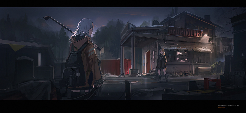 assault_rifle backpack bad_id bad_pixiv_id bag boarded_windows brown_hair building cloud cloudy_sky coat container cowboy_shot door fence from_behind gun highres hood hooded_jacket jacket lamp lantern light long_hair looking_at_another multiple_girls night night_sky original outdoors pipes plant renatus.z revision rifle ruins shipping_container shop sign sky thighhighs weapon white_hair zettai_ryouiki