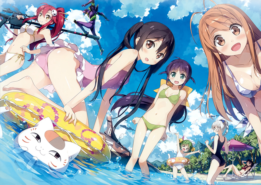 &gt;_&lt; :d ;) absurdres andou_mahoro animal_ears antenna_hair arms_up ass barefoot beach beach_umbrella bell bikini black_hair blue_sky blush bow braid breasts brown_eyes casual_one-piece_swimsuit cat_ears cat_tail cleavage closed_eyes cloud crossover day dejiko di_gi_charat dutch_angle eva_01 fate_(series) frilled_swimsuit frills from_side full_metal_panic! green_bikini green_eyes green_hair gun hair_bell hair_bow hair_ornament hair_stick highres huge_filesize innertube k-on! kantoku long_hair looking_at_viewer love_hina low_ponytail mahoromatic mecha multiple_girls nakano_azusa narusegawa_naru natsume_yuujinchou navel neon_genesis_evangelion nyanko one-piece_swimsuit one_eye_closed open_mouth outdoors outstretched_arms outstretched_hand over_shoulder pink_swimsuit ponytail purple_hair rebuild_of_evangelion reclining red_bikini red_hair rifle scan school_swimsuit side-tie_bikini silver_hair single_braid skull_hair_ornament sky small_breasts smile sniper_rifle swimsuit tail teletha_testarossa tengen_toppa_gurren_lagann toosaka_rin trefoil twintails umbrella very_long_hair wading weapon weapon_over_shoulder weapon_request white_bikini white_school_swimsuit white_swimsuit yoko_littner