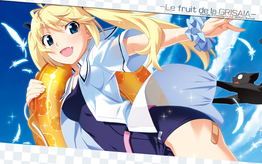 blonde_hair blue_eyes blue_ribbon breasts cat covered_nipples grisaia_(series) grisaia_no_kajitsu hair_ribbon highres long_hair matsushima_michiru open_clothes open_mouth open_shirt outdoors ribbon school_swimsuit see-through shirt small_breasts solo swimsuit white_shirt