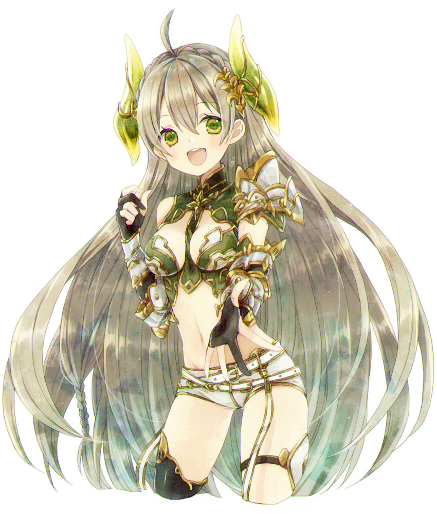 1girl :d ahoge asymmetrical_legwear bangs bare_shoulders belt belt_buckle between_breasts black_gloves black_legwear blush braid breasts brown_hair buckle commentary_request copyright_request cropped_legs crown_braid eyebrows_visible_through_hair gloves green_eyes hair_between_eyes headgear highres kikka_(kicca_choco) long_hair medium_breasts midriff navel open_mouth partly_fingerless_gloves round_teeth short_shorts shorts sidelocks simple_background single_thighhigh smile solo teeth thighhighs upper_teeth very_long_hair white_background white_belt white_shorts
