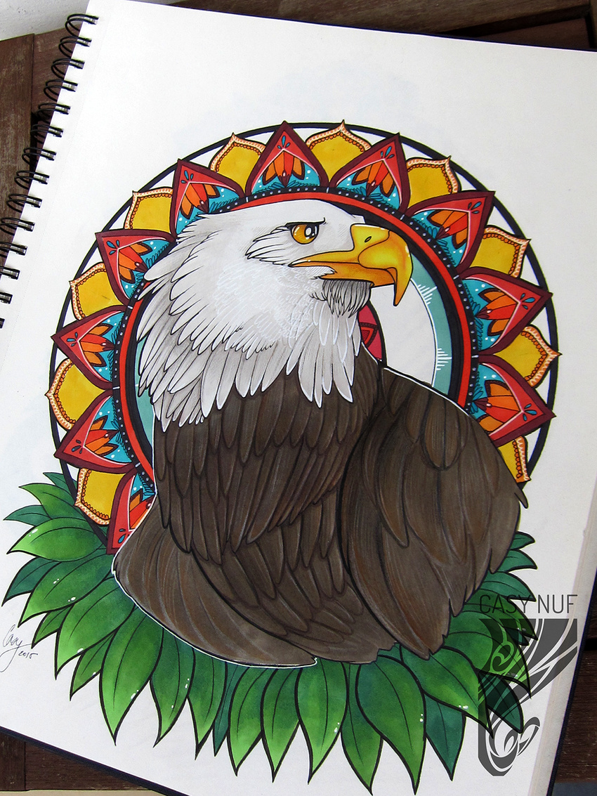 2015 ambiguous_gender avian beak bird brown_body brown_feathers casynuf eagle feathers feral leaf looking_away mandala simple_background solo traditional_media_(artwork) white_background white_feathers white_head yellow_beak yellow_eyes