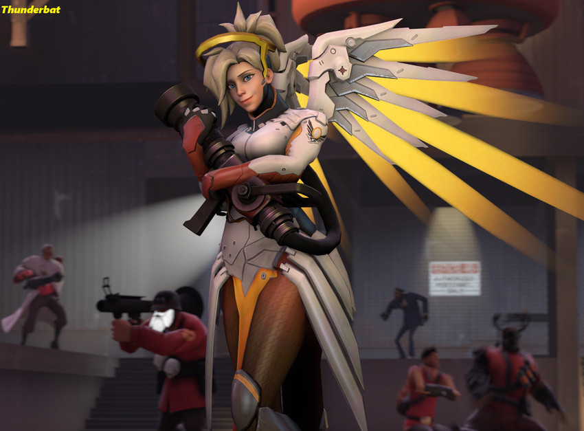 2016 3d_(artwork) armor blizzard blue_eyes bodysuit breasts cgi clothing crossover digital_media_(artwork) female generalthunderbat gloves hair human looking_at_viewer mammal medic medic_(team_fortress_2) mercy not_furry overwatch pinup pose skinsuit smile source_filmmaker suit team_fortress_2 tight_clothing valve video_games weapon wings