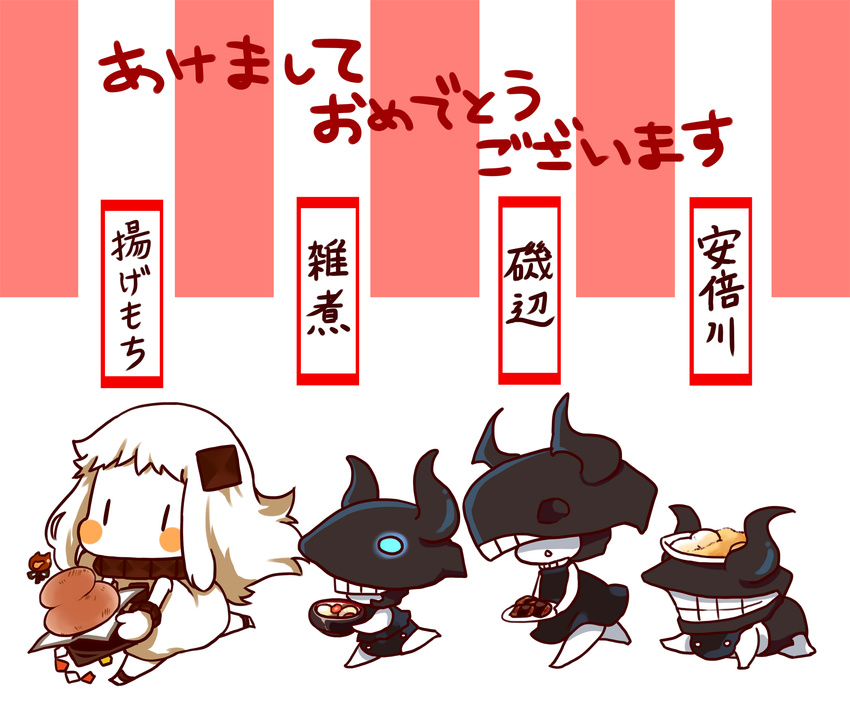 blush_stickers carrying chibi commentary_request dress headgear highres horns kagami_mochi kantai_collection kobone long_hair mittens multiple_girls northern_ocean_hime pt_imp_group running shinkaisei-kan translated white_dress white_hair white_skin zouni_soup |_|