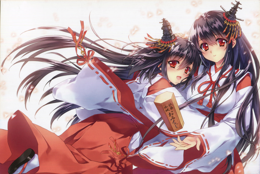 :d absurdres beige_background black_hair blush carnelian case detached_sleeves fusou_(kantai_collection) hair_between_eyes hakama headgear highres hug japanese_clothes kantai_collection kimono long_hair long_sleeves looking_at_viewer multiple_girls nontraditional_miko open_mouth petals red_eyes red_hakama red_ribbon ribbon ribbon-trimmed_sleeves ribbon_trim sandals scan simple_background smile tabi very_long_hair wide_sleeves wood yamashiro_(kantai_collection)