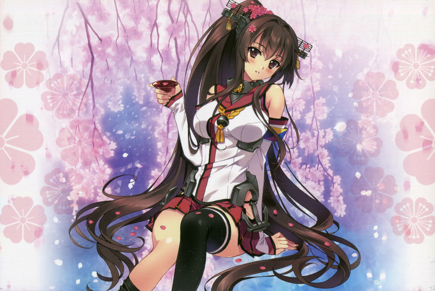 :d absurdres anchor artist_name bare_shoulders black_legwear blush breasts brown_hair carnelian cherry_blossoms cup detached_sleeves floral_background flower hair_between_eyes hair_flower hair_ornament headgear highres hip_vent holding kantai_collection large_breasts long_hair looking_at_viewer miniskirt open_mouth parted_lips petals pleated_skirt ponytail sakazuki scan sitting skirt smile solo teeth thighhighs thighhighs_pull very_long_hair yamato_(kantai_collection)
