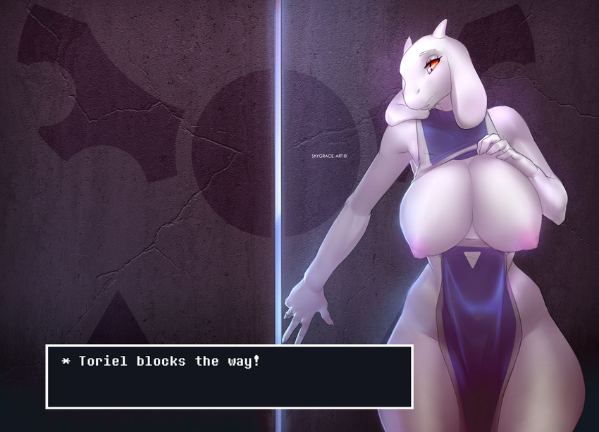 2016 anthro big_breasts blush boss_monster breasts caprine clothing female fur goat horn long_ears looking_at_viewer mammal monster nude skygracer solo text toriel undertale video_games white_fur