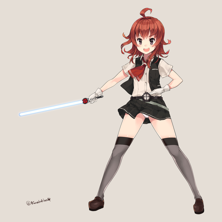 absurdres ahoge arashi_(kantai_collection) blouse energy_sword gloves highres kamen_rider kamen_rider_black_rx_(series) kantai_collection kerchief kuro_chairo_no_neko messy_hair open_mouth panties pantyshot pantyshot_(standing) parody pleated_skirt pose red_hair revolcane school_uniform short_hair skirt solo standing sword thighhighs underwear vest weapon white_gloves white_panties