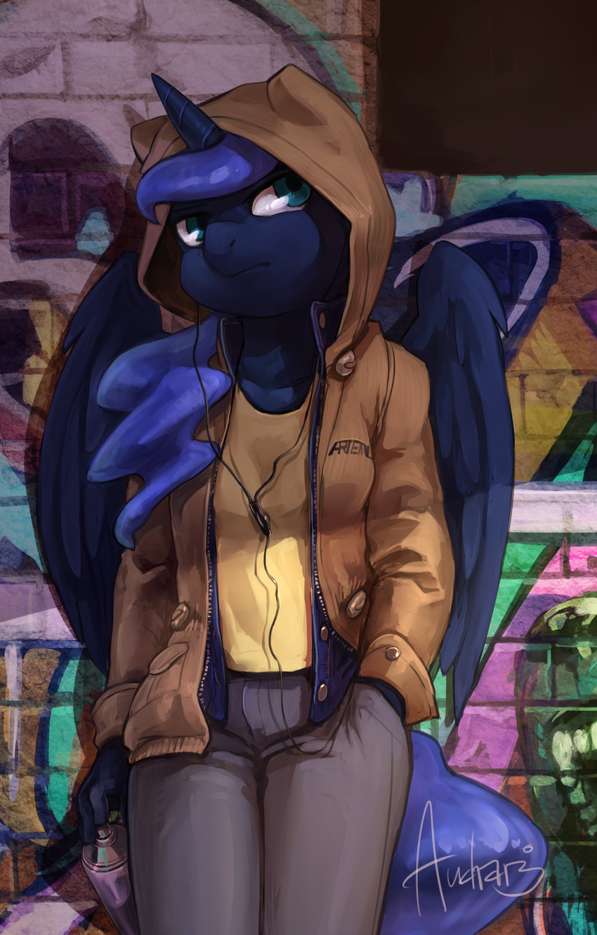 2016 absurd_res anthro anthrofied audrarius blue_hair blue_skin clothed clothing equine feathered_wings feathers female friendship_is_magic graffiti hair headphones hi_res holding_object horn long_hair mammal my_little_pony princess_luna_(mlp) solo spray_can wall winged_unicorn wings