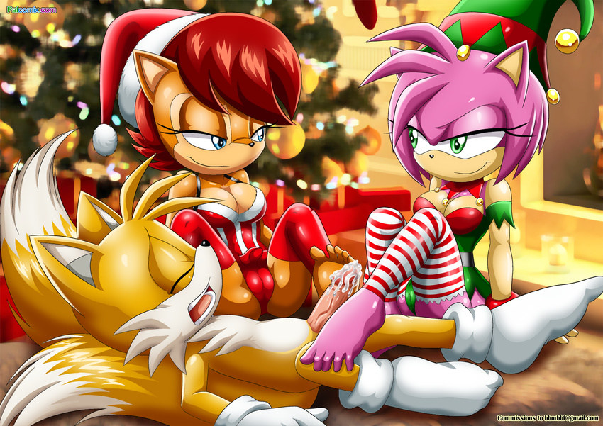 2015 amy_rose anthro bbmbbf big_breasts breasts canine chipmunk christmas cleavage clothed clothing cum cum_on_penis erection female foot_fetish footjob fox hedgehog holidays male mammal miles_prower penis rodent sally_acorn sonic_(series)