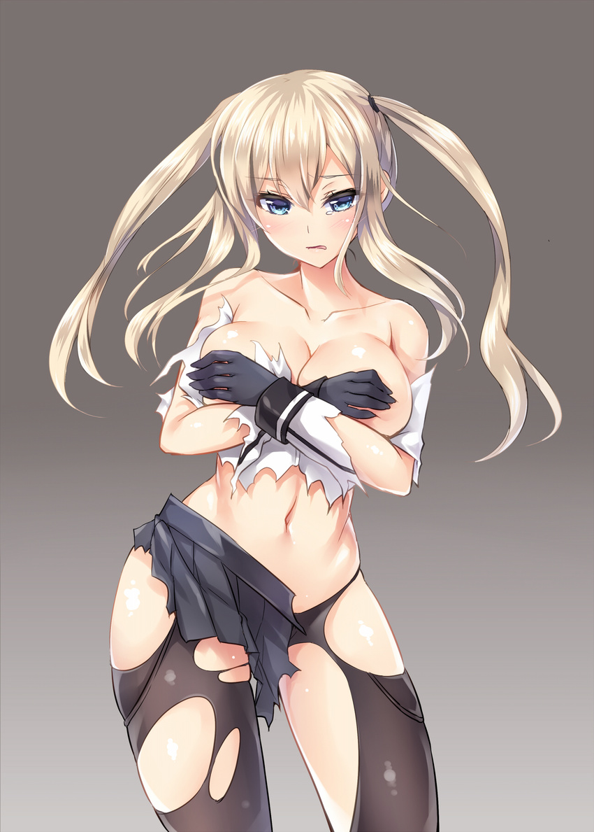 bad_id bad_pixiv_id blonde_hair breast_hold breasts cleavage gradient gradient_background graf_zeppelin_(kantai_collection) highres kantai_collection kinosaki_yuki large_breasts navel no_bra no_panties pantyhose solo torn_clothes torn_legwear uniform