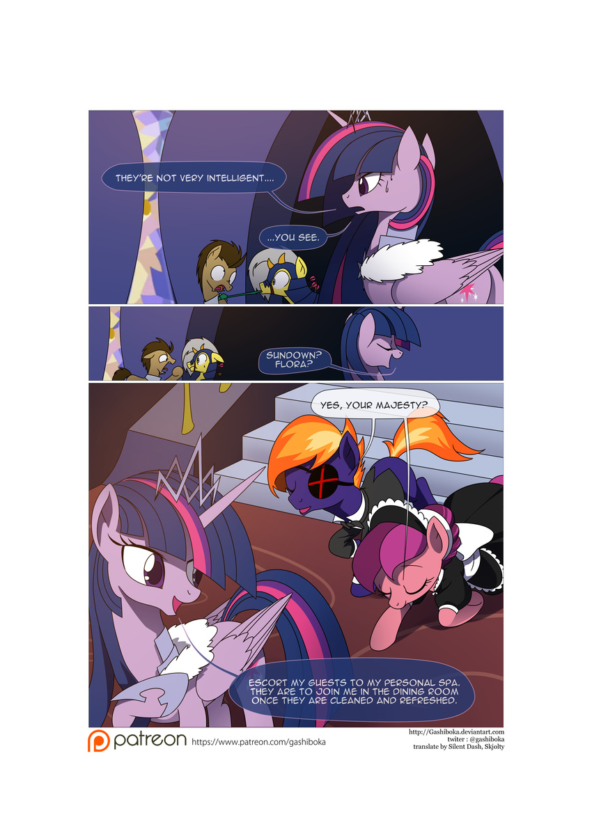 2016 armor asphyxiation choking clothing collar comic crown cutie_mark doctor_whooves_(mlp) earth_pony embarrassed equine feathers female feral friendship_is_magic furious gashiboka horn horse male mammal mane my_little_pony pony royal_guard_(mlp) smile sweat twilight_sparkle_(mlp) winged_unicorn wings