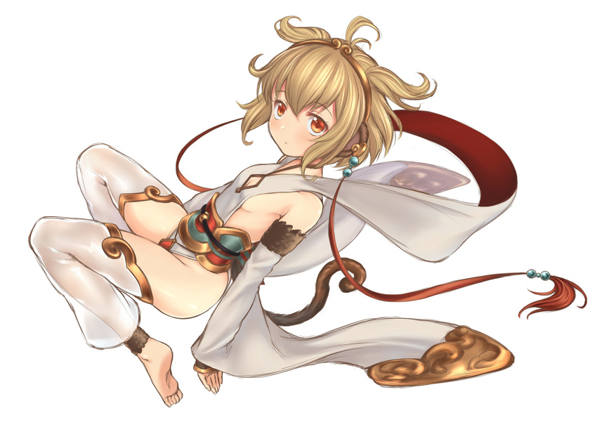 ahoge andira_(granblue_fantasy) animal_ears bare_shoulders barefoot blonde_hair breasts colored_eyelashes detached_leggings detached_sleeves erune feet granblue_fantasy hairband looking_at_viewer monkey_ears monkey_tail pants piano-alice red_eyes short_hair sideboob sitting small_breasts soles solo tail tareme toes white_pants