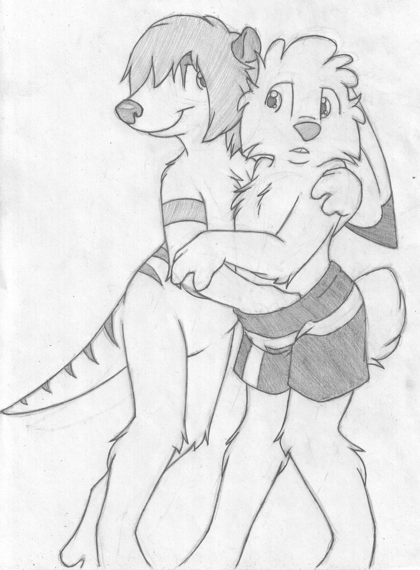 anthro arm_around_shoulders barefoot buckteeth clothed clothing duo featureless_crotch front_view greyscale half-dressed hand_in_pants jake_cottontail lagomorph looking_away male male/male mammal meerkat mizzyam mongoose monochrome nude pencil_(artwork) questionable_consent rabbit shorts smile teeth topless traditional_media_(artwork) unsure