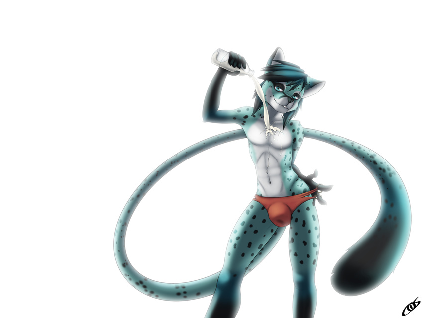 abs anthro beverage bottle bulge clothed clothing coszcatl feline food half-closed_eyes half-dressed invalid_tag looking_at_viewer male mammal navel panties simple_background smile solo standing teeth topless underwear white_background