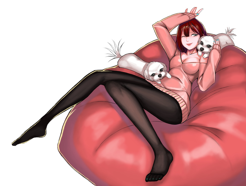 absurdres aqua_nails arm_up bangs bean_bag_chair black_legwear breasts cleavage dog full_body highres long_legs medium_breasts nail_polish nermes one_eye_closed original pantyhose pink_sweater pullover red_hair simple_background sitting sitting_on_object smile solo sweater white_background