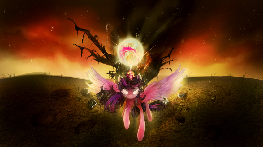 2014 angry book dreampaw equine feathered_wings feathers female feral fire fireball flying friendship_is_magic fur glowing glowing_eyes hair hi_res horn magic mammal multicolored_hair my_little_pony purple_fur sky solo tree twilight_sparkle_(mlp) winged_unicorn wings