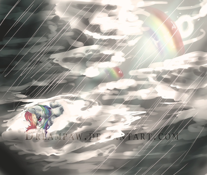 2012 blue_fur cloud crying dreampaw equine female feral friendship_is_magic fur hair hi_res mammal multicolored_hair my_little_pony outside pegasus rainbow rainbow_dash_(mlp) raining red_eyes sky solo tears wings