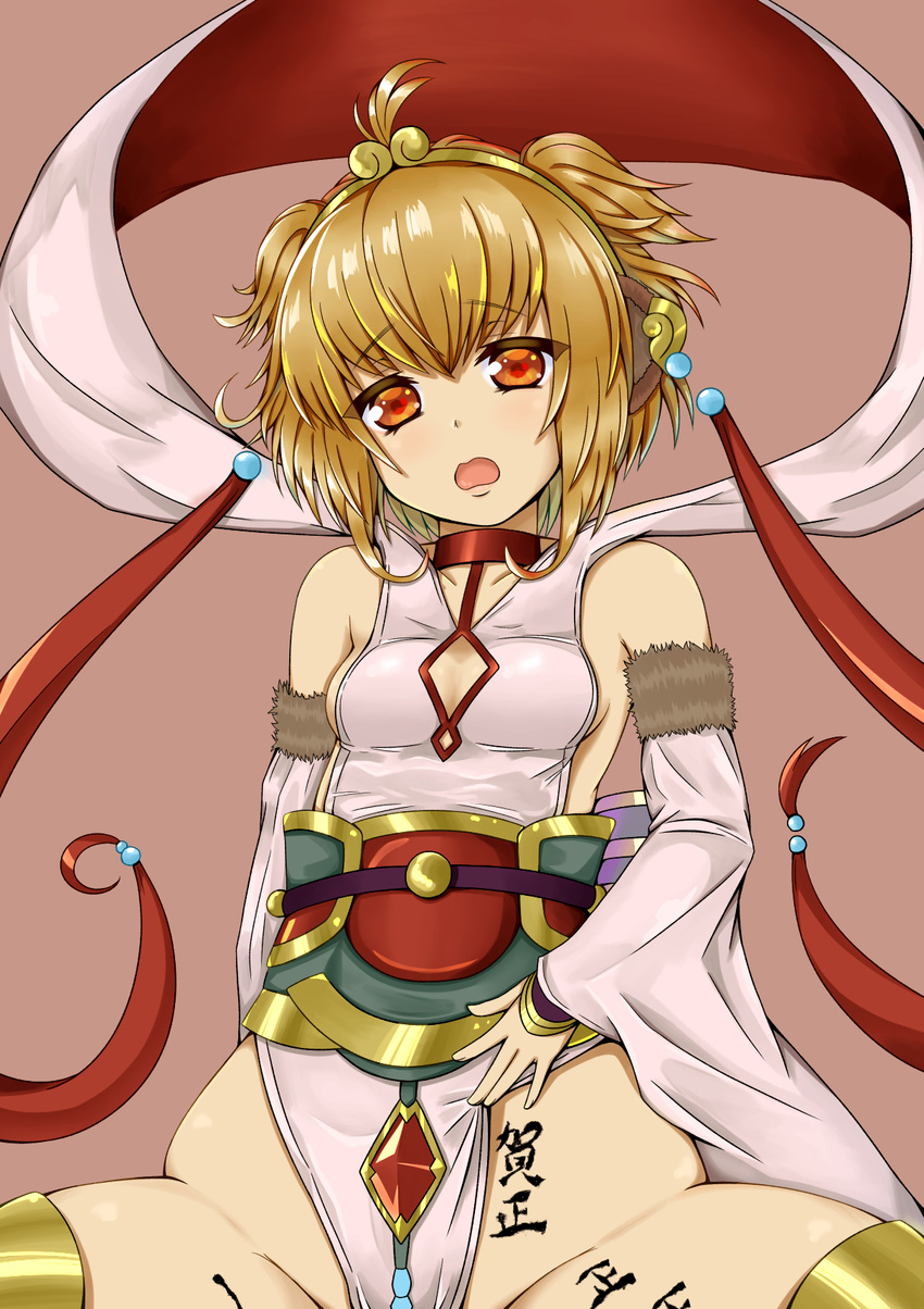 andira_(granblue_fantasy) animal_ears bad_anatomy bare_shoulders blonde_hair blush body_writing breasts colored_eyelashes detached_sleeves erune granblue_fantasy hair_ornament hairband highleg highres lein looking_at_viewer monkey_ears monkey_tail new_year open_mouth orange_eyes short_hair sideboob sitting small_breasts solo tail tally two_side_up