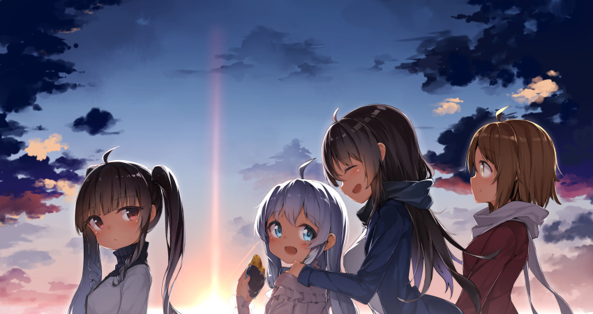 4girls :d absurdres ahoge bangs black_sweater blue_eyes blue_hair blue_jacket blue_scarf blue_sky blush brown_eyes brown_hair closed_mouth cloud commentary darnell english_commentary eyebrows_visible_through_hair food hair_between_eyes highres holding holding_food jacket long_hair long_sleeves multiple_girls open_mouth outdoors profile red_eyes red_jacket ribbed_sweater scarf shirt sky sleeves_past_wrists smile soul_worker stella_unibell sunset sweater turtleneck turtleneck_sweater twintails upper_body very_long_hair white_jacket white_scarf white_shirt