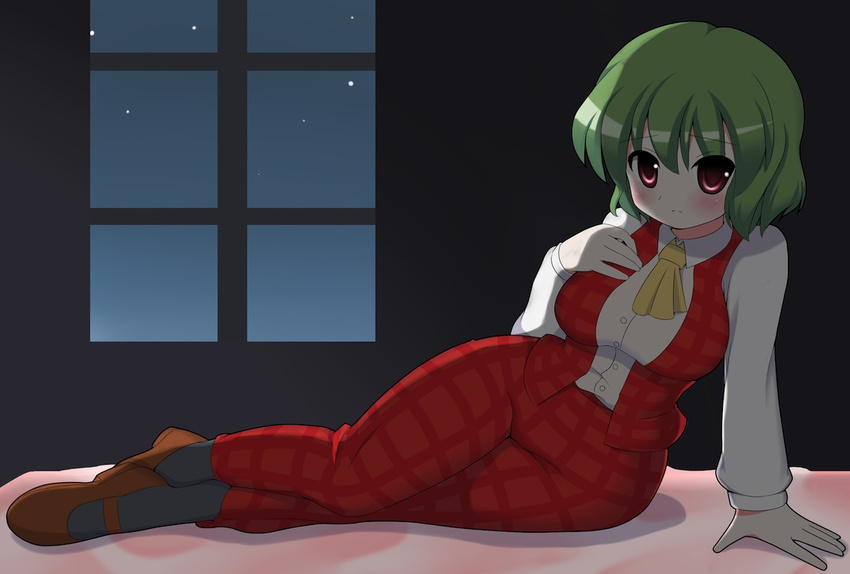 ascot bad_id bad_pixiv_id bedroom black_legwear blush breasts green_hair hand_on_own_chest impossible_clothes impossible_vest kazami_yuuka kyokutou_hentai_samurai mary_janes medium_breasts night plaid plaid_skirt plaid_vest reclining red_eyes sad shoes short_hair skirt skirt_set sky solo star_(sky) starry_sky touhou vest window