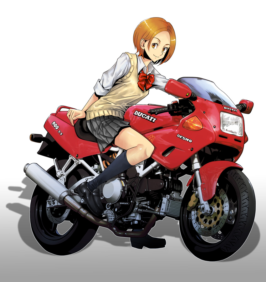 bob_cut boyaking brown_eyes brown_hair ground_vehicle highres legs motor_vehicle motorcycle original pleated_skirt school_uniform short_hair skirt smile socks solo vest