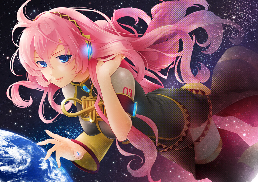 blue_eyes earth floating_hair headphones hima_(ab_gata) long_hair megurine_luka pink_hair skirt smile solo space thighhighs very_long_hair vocaloid