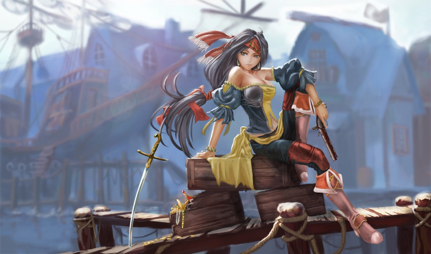 arm_support bare_shoulders black_hair boots box bracelet breasts character_request cleavage collarbone corset crate cutlass_(sword) earrings from_side full_body gun hair_ornament headband holding holding_weapon jewelry knee_boots kome_(okome-smile) leg_up long_hair low-tied_long_hair medium_breasts pants pier pirate pirates_of_black_cove puffy_short_sleeves puffy_sleeves ribbon serious ship short_sleeves sitting solo sword tied_hair watercraft weapon