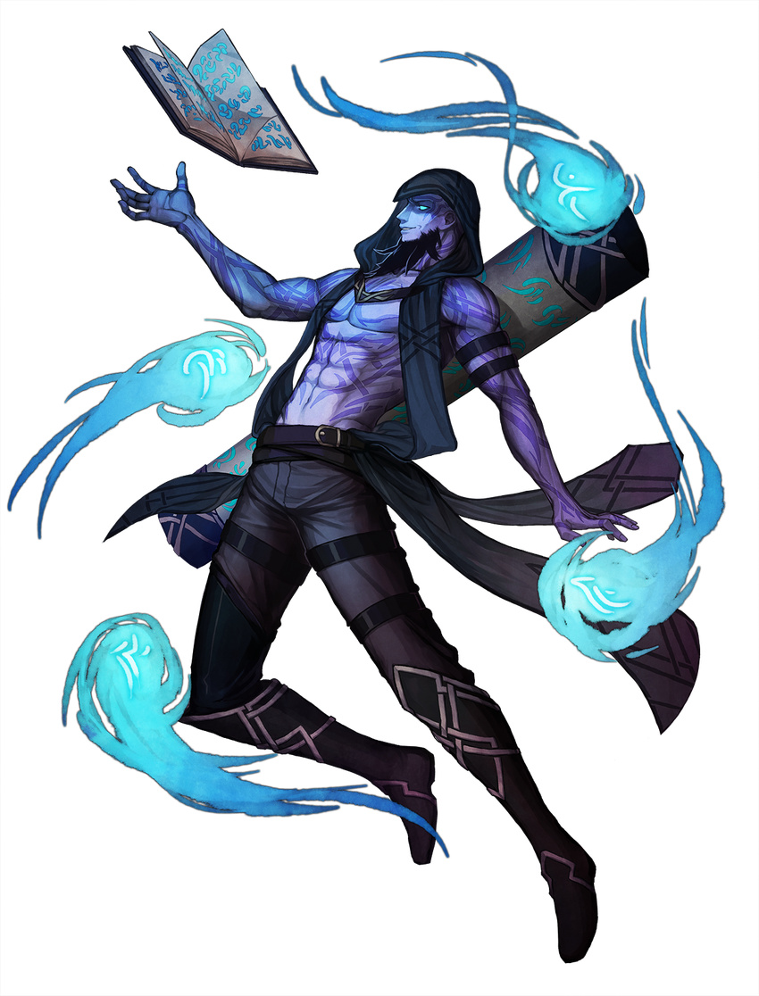 alternate_costume bald beard black_hair blue_eyes blue_skin book boots facial_hair full_body highres hood hoodie indseind league_of_legends male_focus ryze shirtless solo tattoo transparent_background