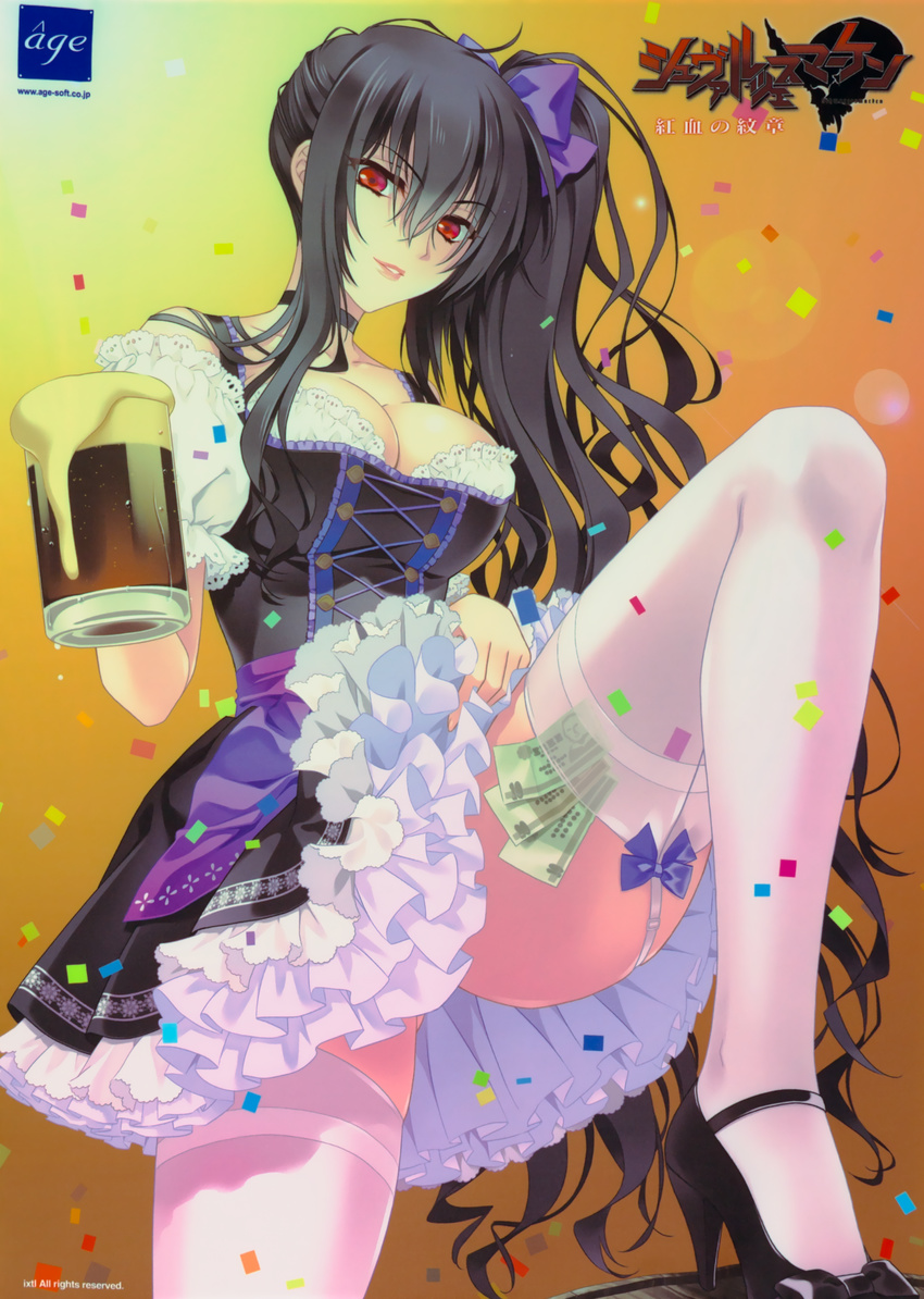 absurdres beatrix_bremer beer_mug black_hair bodice breasts carnelian choker cleavage confetti cup dirndl dress drinking_glass frills garter_straps german_clothes glass high_heels highres holding holding_cup large_breasts leg_up lips long_hair looking_at_viewer money money_hold muvluv parted_lips petticoat red_eyes scan schwarzesmarken short_dress side_ponytail smile solo very_long_hair white_legwear