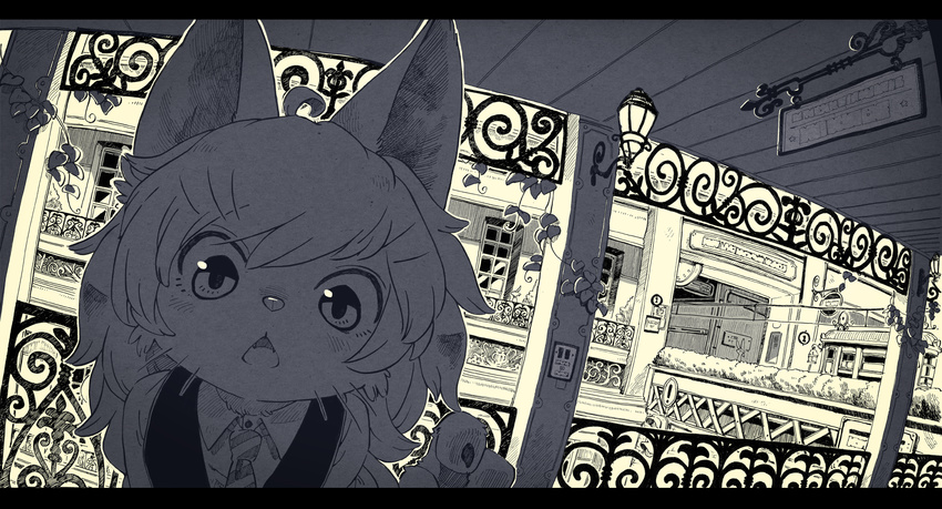 animal_ears backlighting cat_girl chestnut_mouth cleft_lip fisheye furry highres koucha_inu letterboxed looking_at_viewer monochrome necktie open_mouth original outline solo