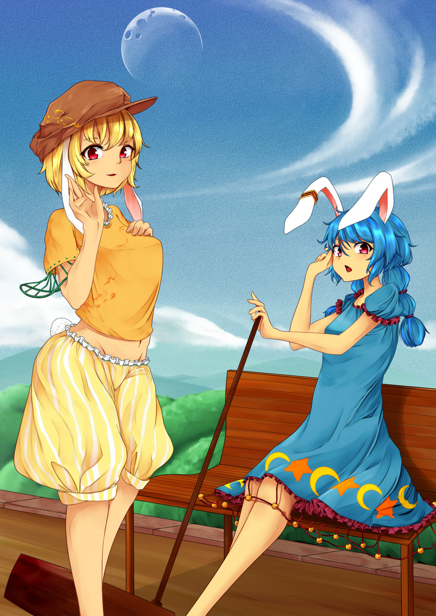 :o ambiguous_red_liquid animal_ears bad_id bad_pixiv_id bench blonde_hair blouse blue_dress blue_hair blush breasts bunny_ears bunny_tail cabbie_hat crescent dress ear_clip floppy_ears groin hand_on_own_chest hat highres hips kine long_hair looking_at_viewer mallet medium_breasts midriff moon multi-tied_hair multiple_girls navel open_mouth orange_shirt outdoors purple_eyes red_eyes ringo_(touhou) seiran_(touhou) shirt short_hair shorts sitting sitting_on_bench sky stain star tail toned touhou twintails waving yanagi_638