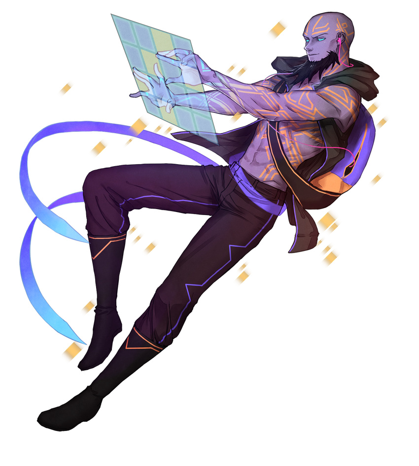 alternate_costume bag bald beard black_hair blue_eyes boots facial_hair full_body headphones highres holographic_touchscreen indseind league_of_legends male_focus purple_skin ryze shirtless solo tattoo transparent_background