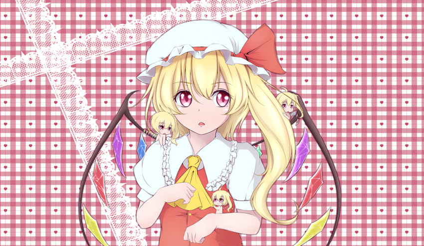 ahoge blonde_hair clone cravat flandre_scarlet hat hat_ribbon lace_background looking_to_the_side minigirl misumo mob_cap multiple_girls open_mouth plaid plaid_background puffy_short_sleeves puffy_sleeves red_eyes ribbon short_hair short_sleeves side_ponytail solo_focus touhou upper_body vest wings