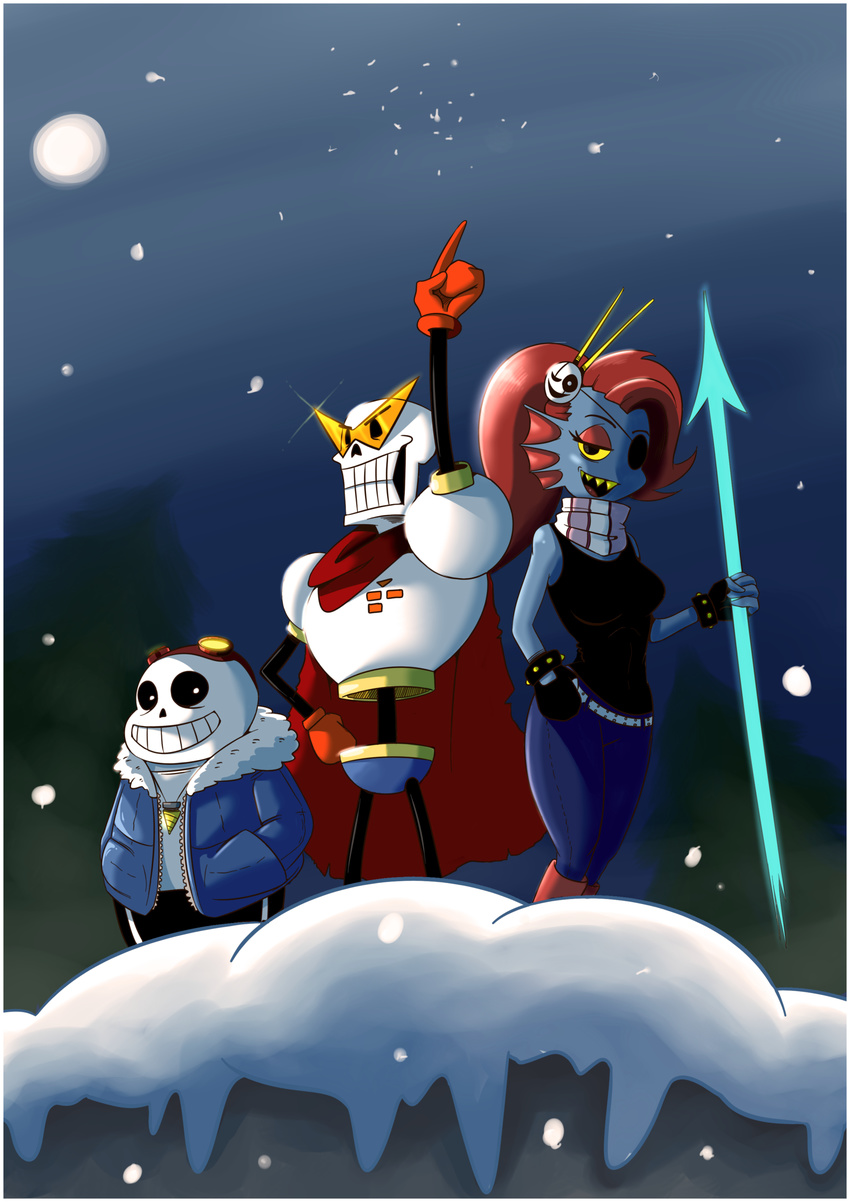 anzhyra armor bone breasts brothers cape clothing cosplay eye_patch eyewear female fingerless_gloves fish gaster gloves goggles group hair male marine melee_weapon monster moon papyrus_(undertale) pointing polearm red_hair sans_(undertale) sharp_teeth sibling skeleton smile snow spear teeth tengen_toppa_gurren_lagann undertale undyne video_games weapon